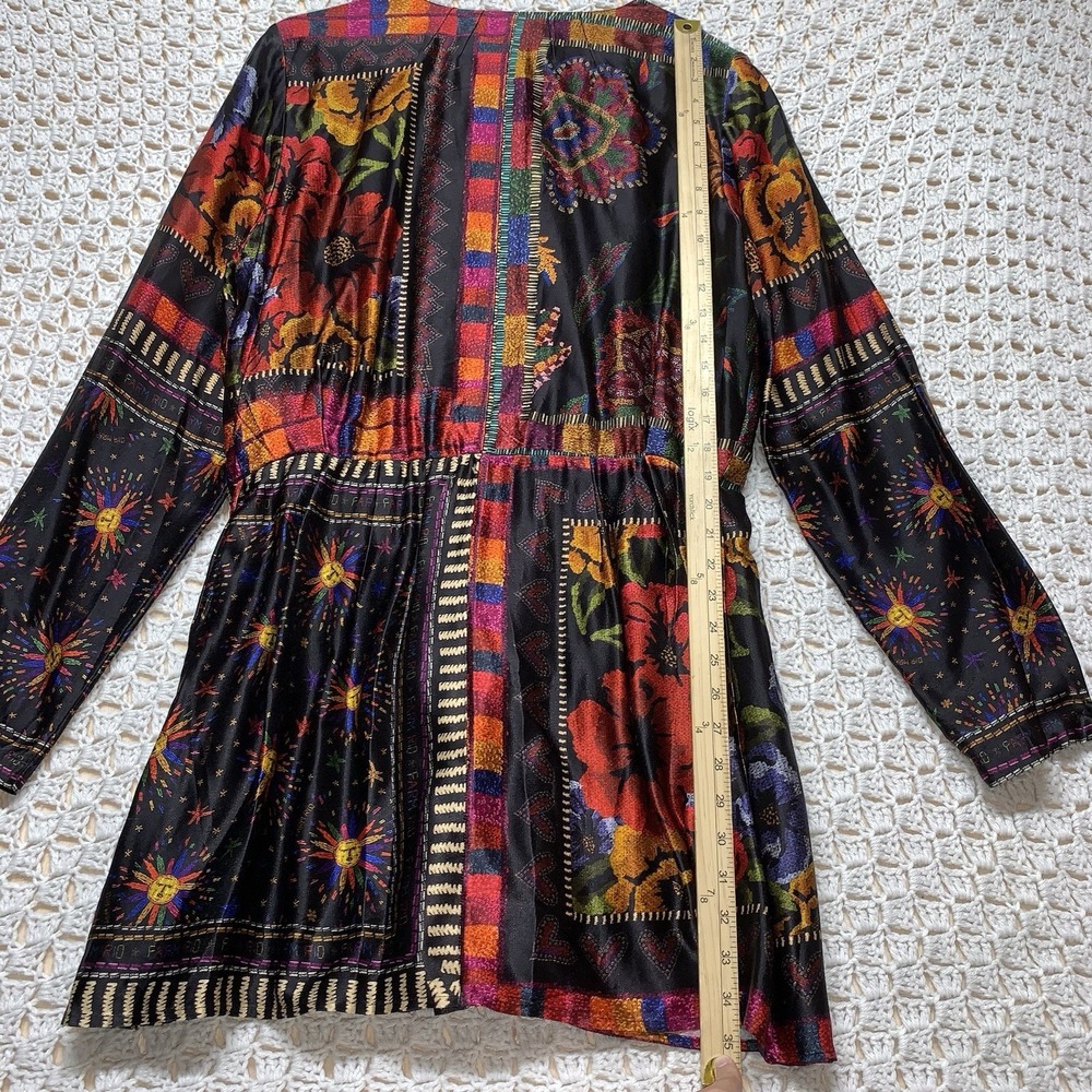 Farm‎ Rio Mini Wrap Dress Women L Black Floral Mixed Arabesque Scarves Long Slv - Picture 7 of 16